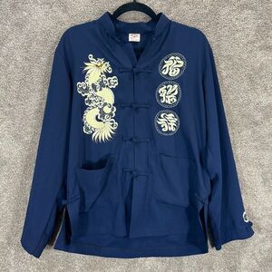 New Fashion Chinese Tang Jacket Shirt Mens Medium Blue Embroidered Silk Dragon
